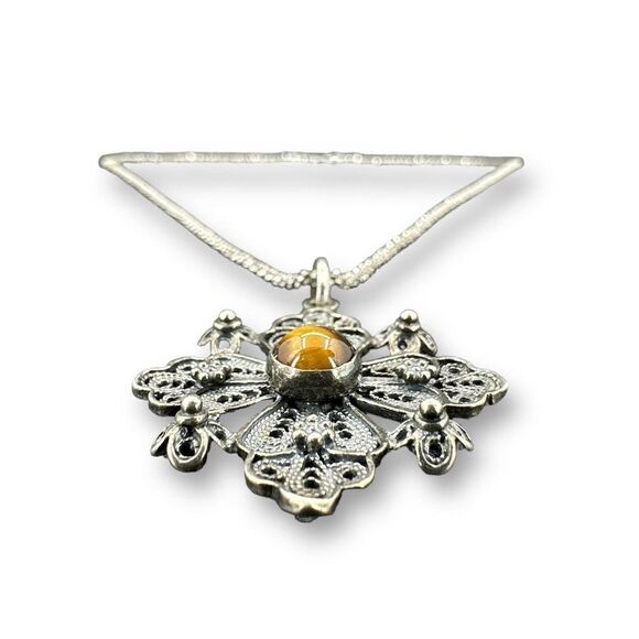Jerusalem 925 Cross Pendant Center Tiger's Eye with Diamond Cut Chain Necklace - Picture 5 of 12